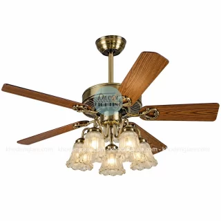 Quạt trần đèn chùm 5 chao thủy tinh hoa ly QD017